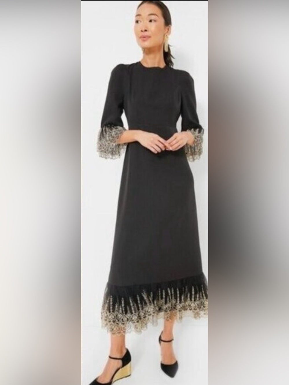 Pomander Place NEW Black Lillith Gold Lace Formal Maxi Dress Size M